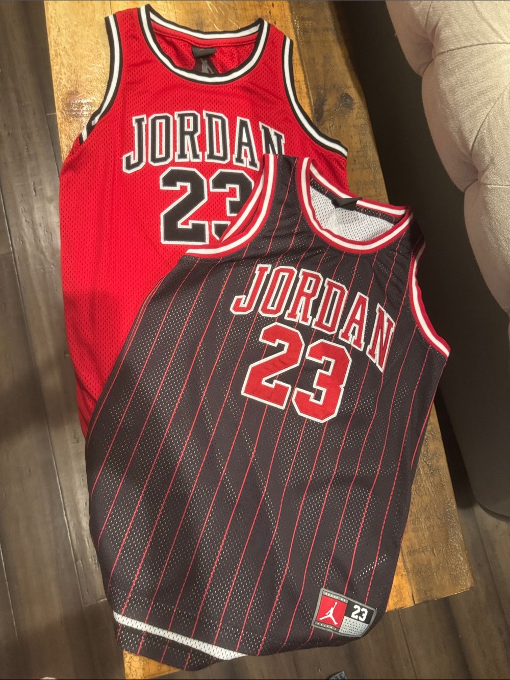Jordan Kids Basketball TWO Jerseys - Red & Black Pinstripe medium